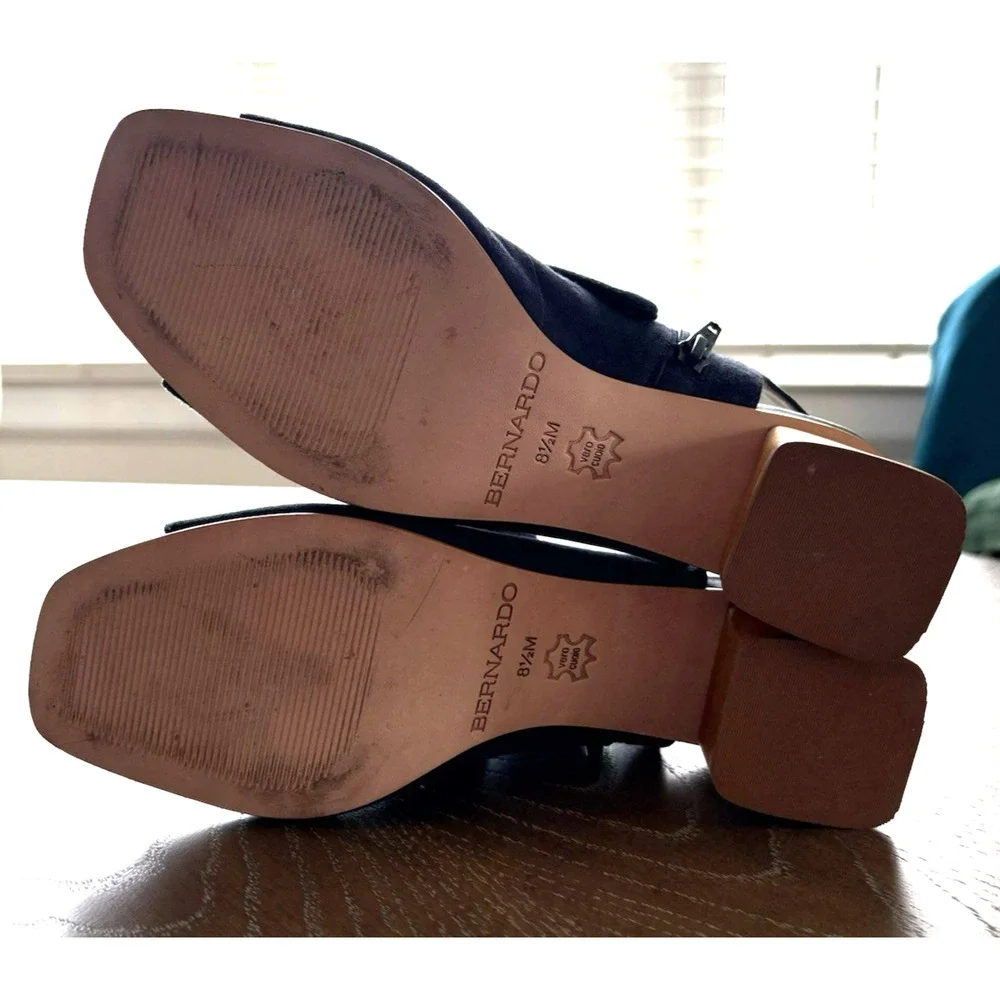 Bernardo Lizzie Navy Suede Booties Open Toe Block Wood Heel Designer Bow | 8.5 - Picture 9 of 9